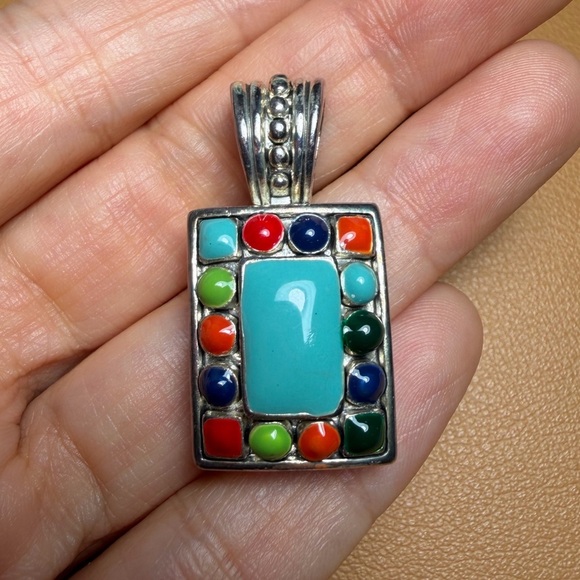 Vintage Jewelry - Vintage Style Sterling Silver Tone Turquoise Multi-Gemstone Pendant